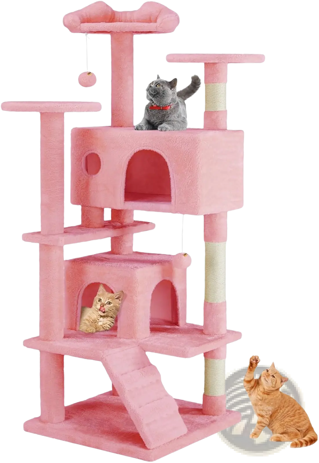 Pink 54 inch multi level cat tree tower with soft fabric surfaces sisal rope scratching posts and hanging ball toy