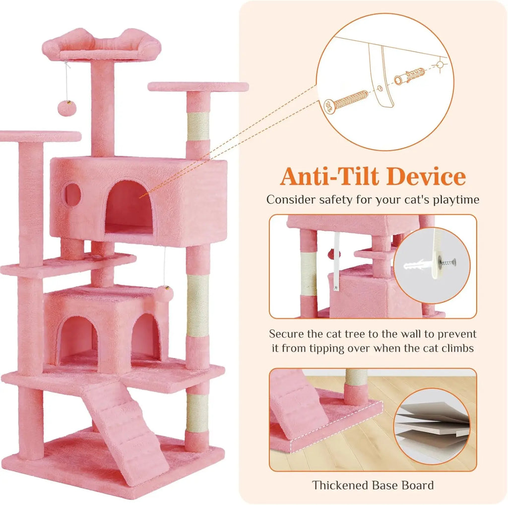 54 inch multi level cat tree tower in pink with soft carpeted surfaces and sisal wrapped scratching posts for cats