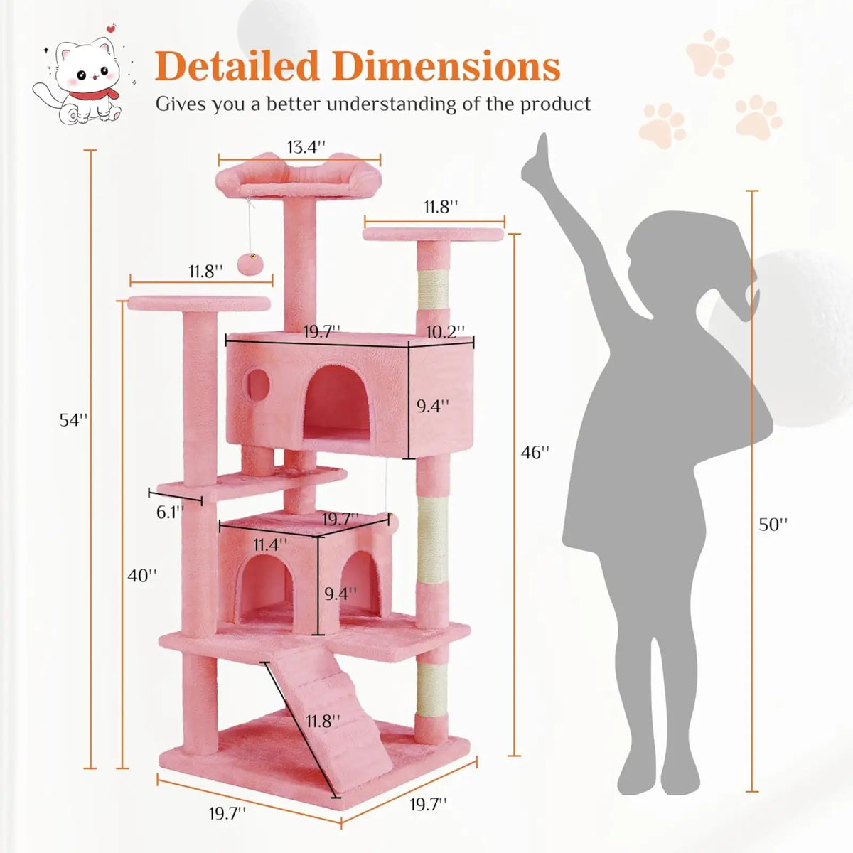 54 inch multi level pink cat tree tower with soft fabric platforms sisal scratching posts and enclosed cozy spaces