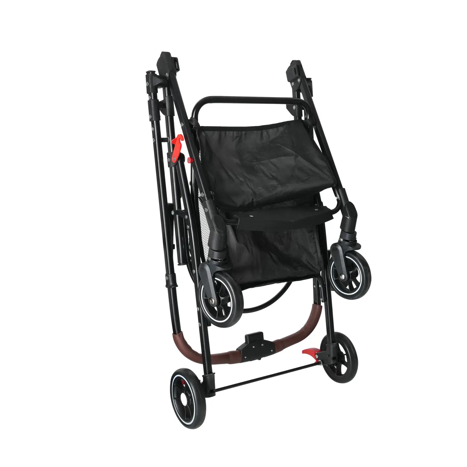 Foldable pet stroller for small dogs and cats with a black foldable shopping cart design featuring a mesh side panel, brown handlebar accents, and red locking levers.