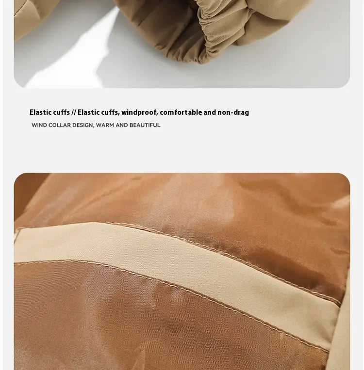 Hellbraune Damen-Kapuzensteppjacke mit wattierter Polsterung mit elastischen Bündchen und Windkragen-Design für erhöhte Wärme und Komfort