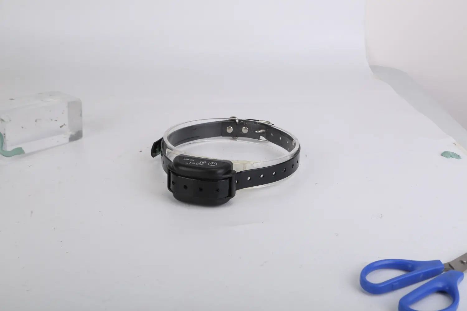 Schwarzes elektronisches Hundehalsband mit transparentem Kunststoffriemen und verstellbarer Schnalle für ein elektrisches Hundezauun-System, wasserdicht nach IPX7 zur Tierkontainment