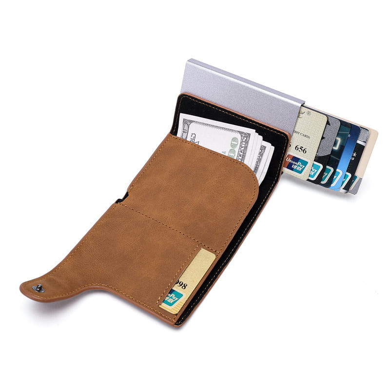 Brown leather Crazy Horse leather metal card case wallet featuring a sleek silver metal card slot holding multiple credit cards and cash.