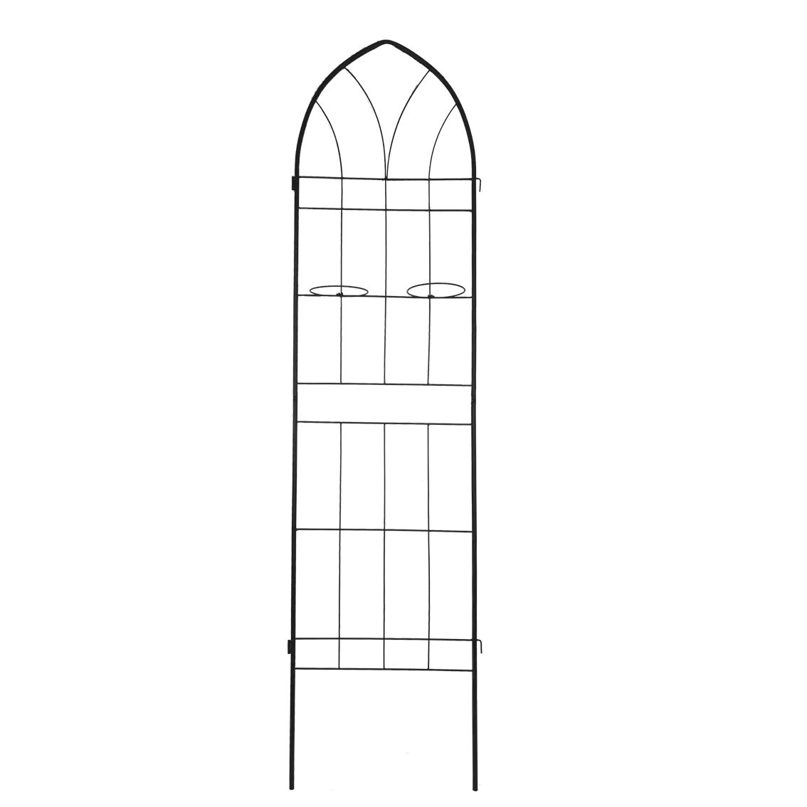Black wrought iron metal garden trellis with gothic arch top and vertical lattice design for climbing plants in a 4 pack.