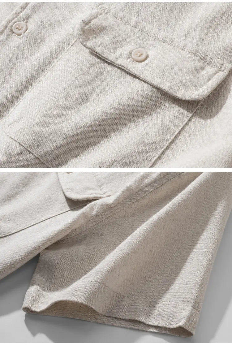 Herrenhemd für Arbeitskleidung aus Baumwolle und Hanf mit kurzem Ärmel in Beige-Leinen mit Knopfleiste vorn und Brusttasche, versehen mit passenden Knöpfen.