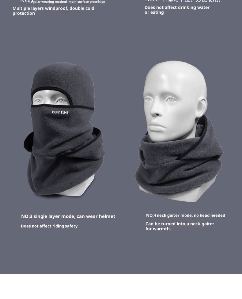 Black fleece balaclava winter hat scarf set with adjustable neck strap and face opening for windproof protection.