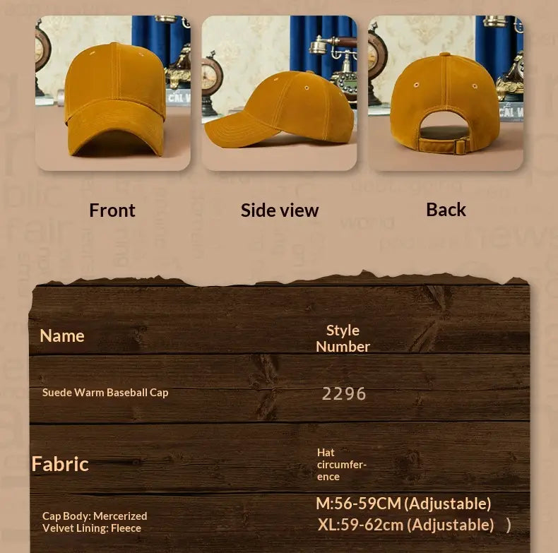 A mustard-yellow suede baseball cap with a soft textured finish and adjustable back strap designed as a thickened winter hat for men.
