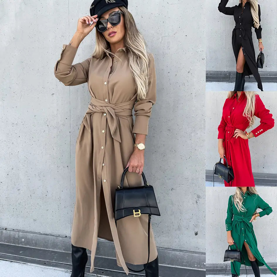 beige long sleeve belted maxi cardigan dress with waist tie featuring button-up front and side slit