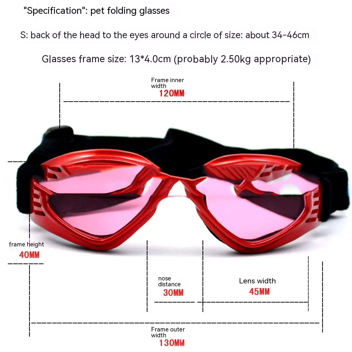 Red plastic dog goggles with uv protection featuring pink tinted lenses and a black elastic strap for secure fit.