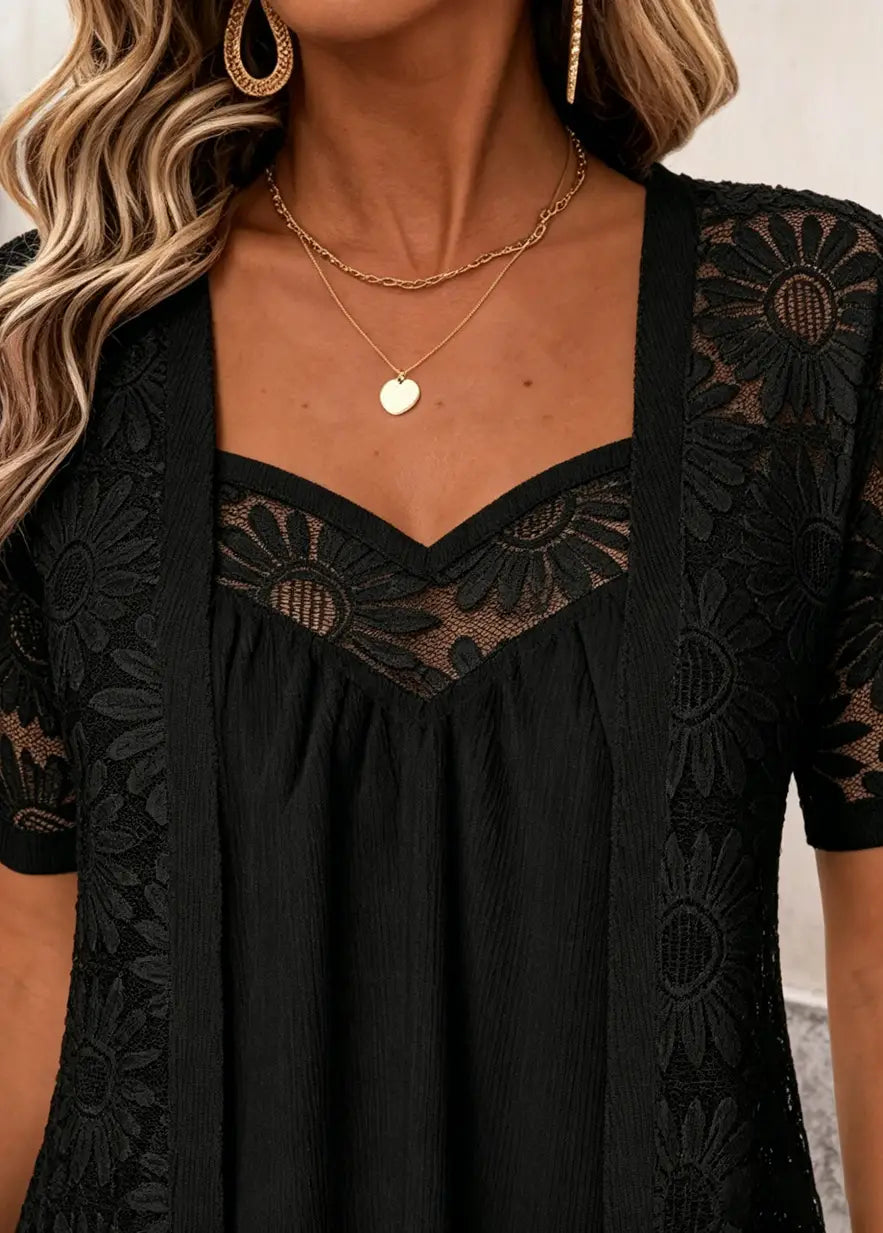Schwarzes Spitzen-Zweiteiler-Top mit Sonnenblumenblütenstickerei und eckigem Ausschnitt, das ein aufwendig feines Design des Stoffes zur Schau stellt