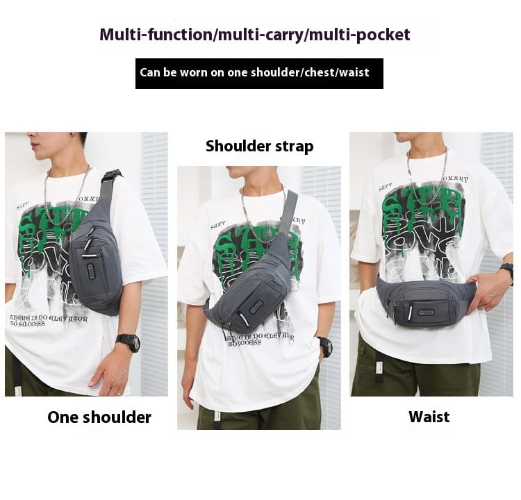 dark gray men’s waterproof nylon multifunctional crossbody waist bag with multiple pockets and adjustable shoulder strap designed for versatile wear on one shoulder or chest