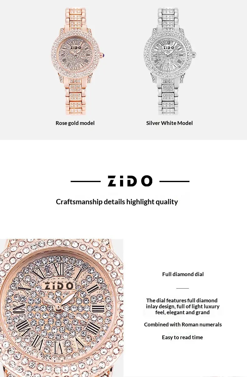 Rose gold Zido women’s quartz watch featuring a full diamond dial and roman numeral markers.
