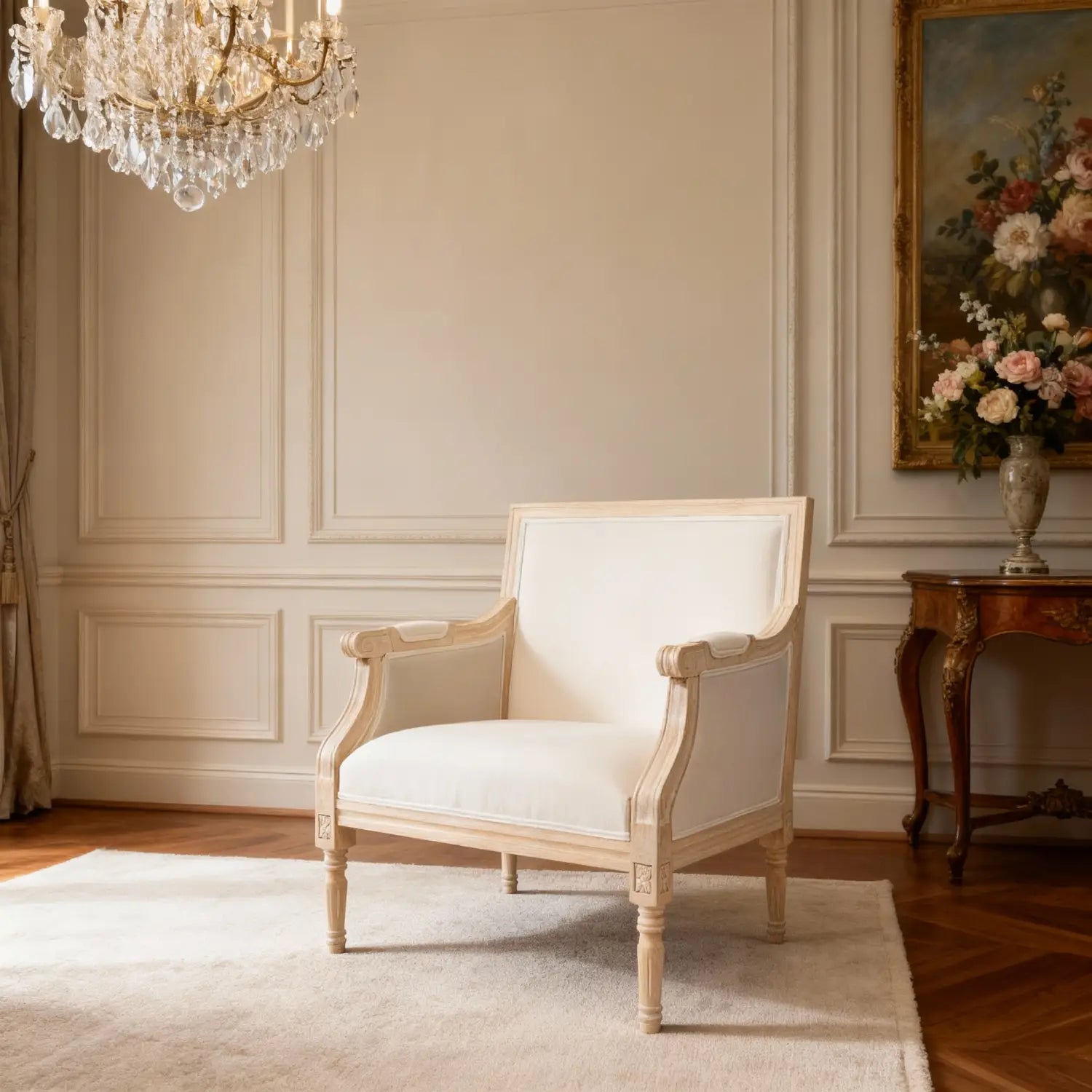 Silla francesa de acento elegante color crema, tapizada en tela de lino y con marco de madera clara envejecida, con brazos clásicos curvados.