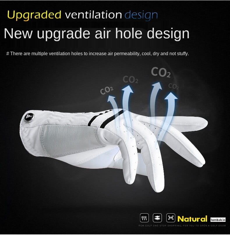 Men genuine leather breathable golf glove in white with black accents and multiple ventilation holes on the back side for enhanced airflow.