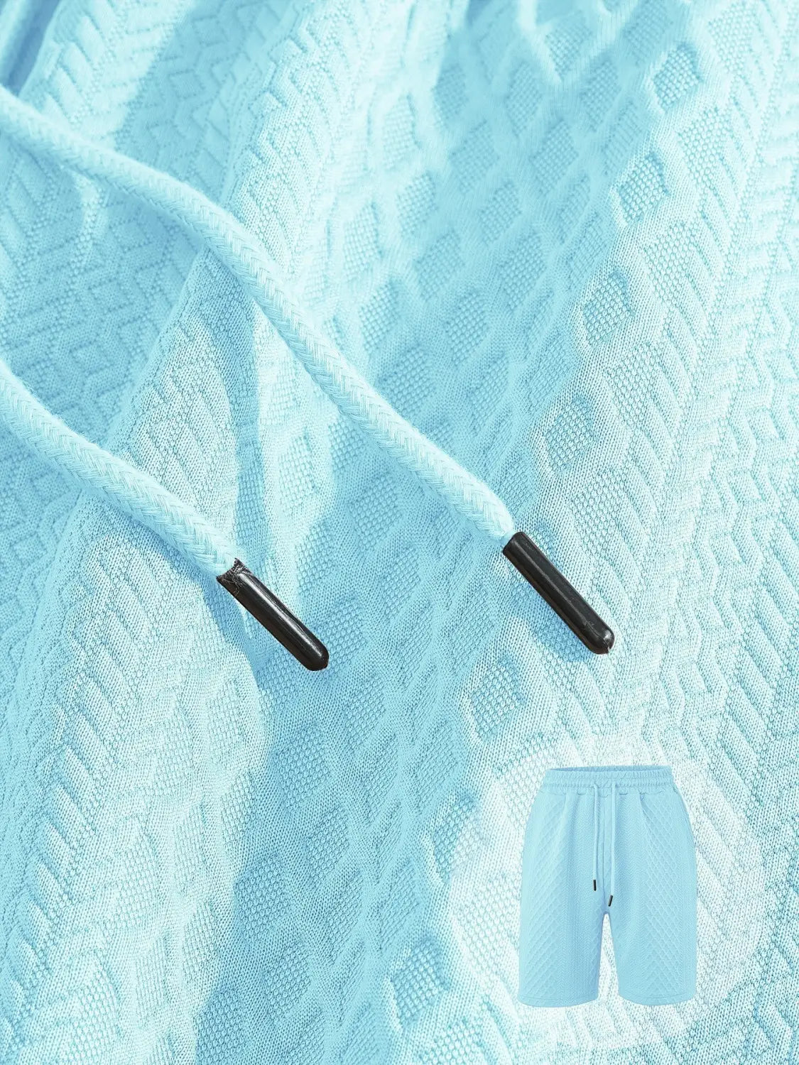 Men textured short sleeve polo suit featuring light blue textured knit shorts with black plastic aglets on the drawstring.