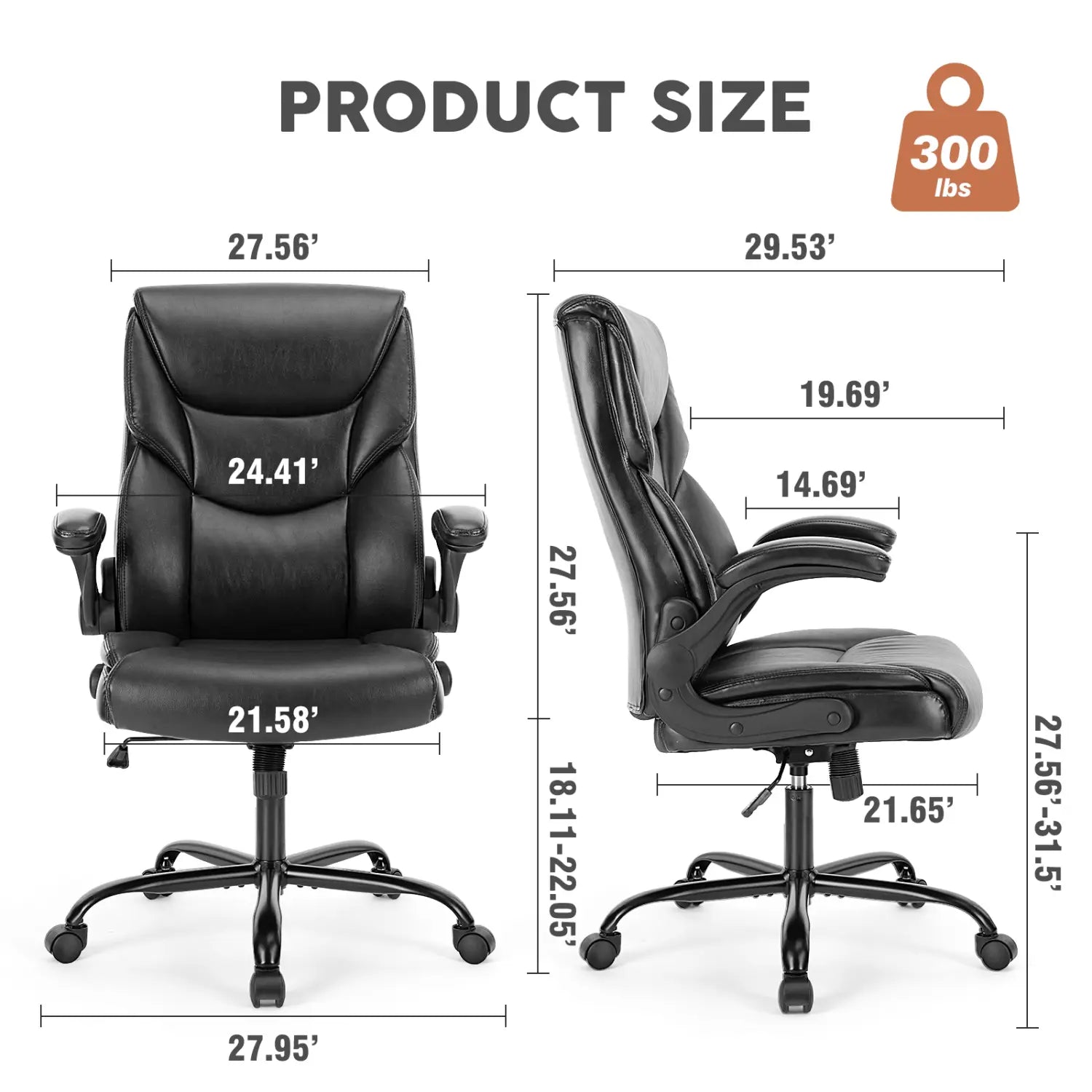 Silla de oficina ergonómica de polipiel negra con apoyabrazos abatibles ajustables y base de cinco estrellas para uso en oficina.
