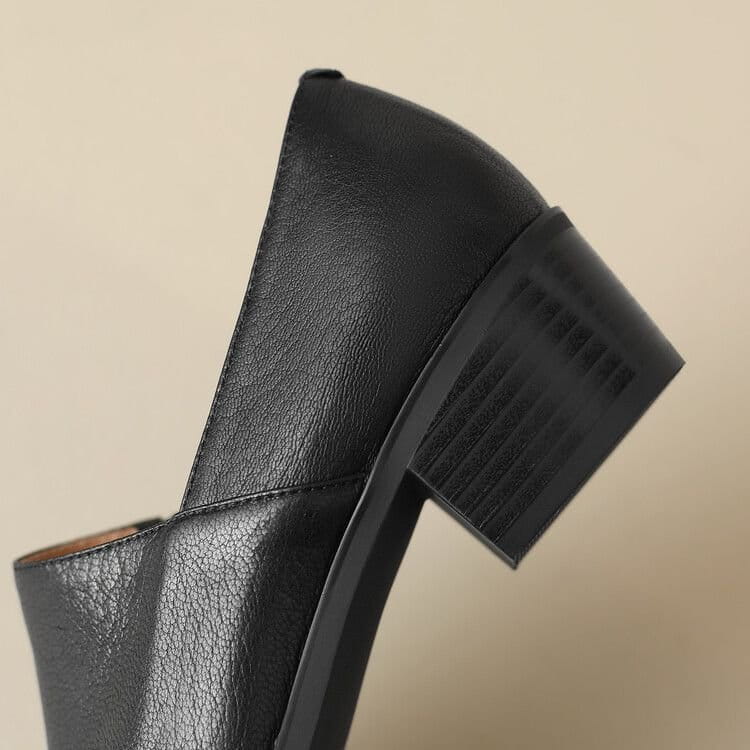 black leather pump with a textured block heel featured in women’s leather block heel loafers square toe shoes product.