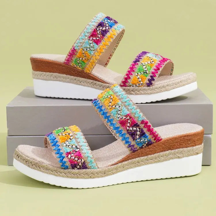 beige woven wavy pattern ethnic wedge espadrille sandals for women with gold zigzag embroidered straps