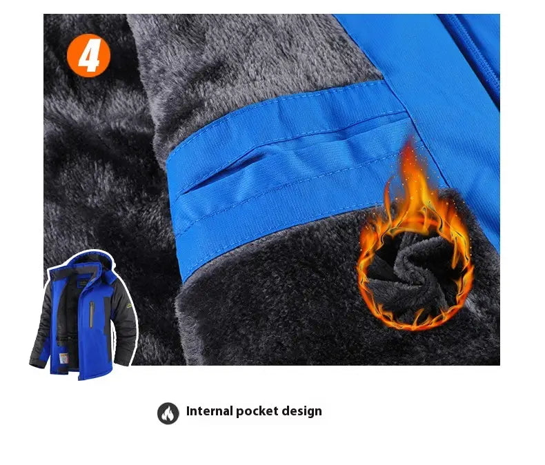 Herren-Fleece-gefütterte Winterjacke, dicker Baumwollmantel, in Blau und Schwarz mit einem plüschig ausgekleideten Innenbereich für zusätzliche Isolierung.