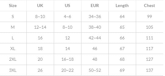 Size chart for a linen v-neck button top showing uk us and eur sizes with corresponding length and chest measurements.
