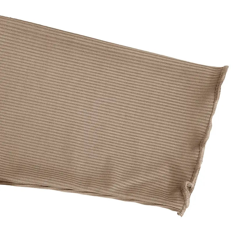 Beige ribbed knit fabric with a soft textured surface and neatly finished edges of the women’s ruffled ribbed knit slim fit mock neck top.