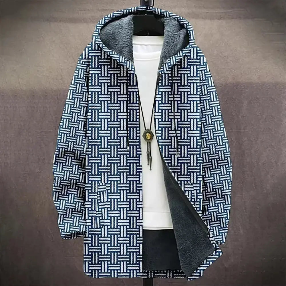 Blue and white woven-patterned geometric fleece hooded trench coat with plush gray interior lining.