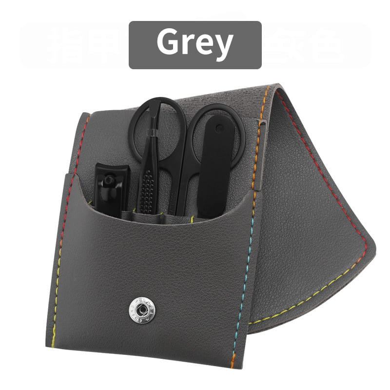 grey leather 16 piece professional manicure and pedicure kit with colorful stitching and black metal tools