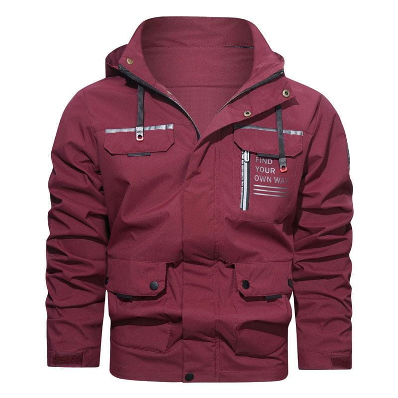 Mens outdoor fleece hooded jacket in maroon with black trim, silver zipper accents, and a front pocket featuring the text find your own way, designed for casual shell coat use.