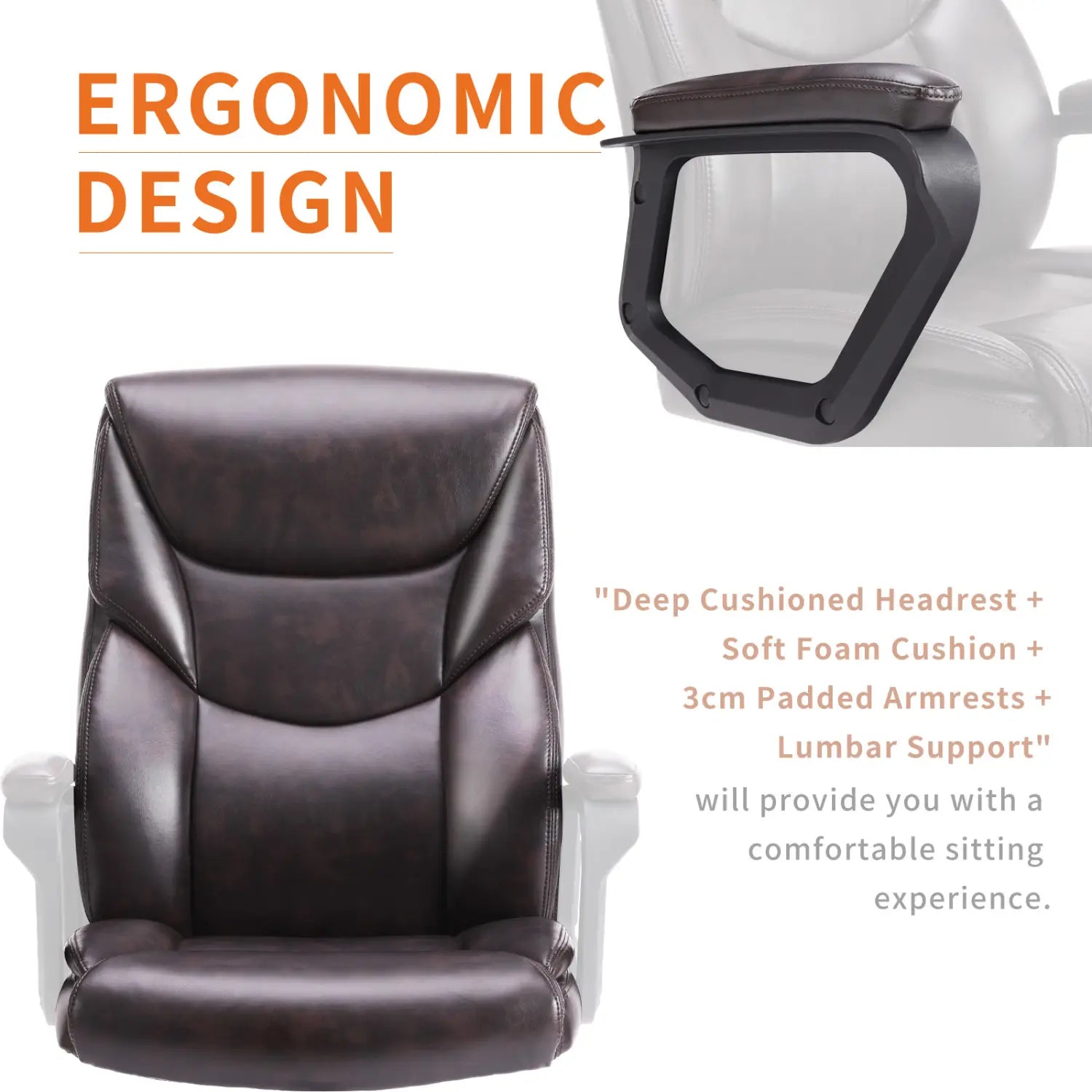 Silla de oficina ergonómica de polipiel color marrón oscuro con apoyabrazos acolchados abatibles, diseñada para un uso cómodo en oficina.