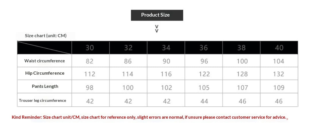 Mens waterproof tactical hiking cargo pants size chart showing waist hip pants length and trouser leg circumference measurements in centimeters for sizes 30 to 40.