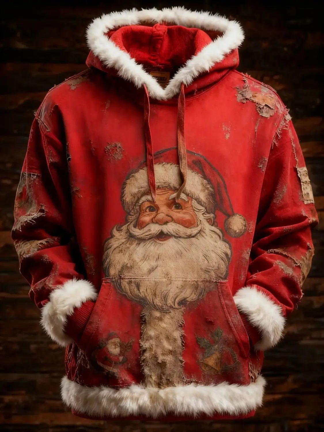Red santa holiday faux fur trim Christmas hoodie with white faux fur trim on hood cuffs and hem featuring distressed vintage-style print and pockets.