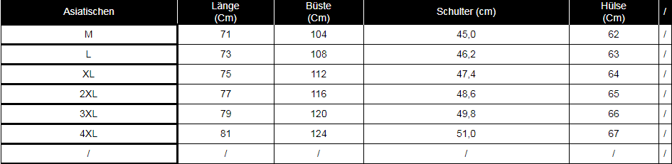the table displays size measurements in centimeters for a men’s thermal woolen jacket available in sizes from m to 4xl.
