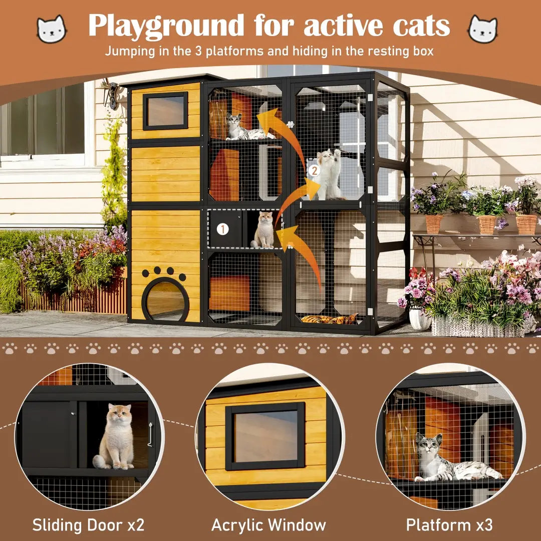 Large outdoor catio 4 tier wooden cat enclosure with a black metal frame and yellow wooden panels featuring a multi-level playground with three platforms and a resting box.