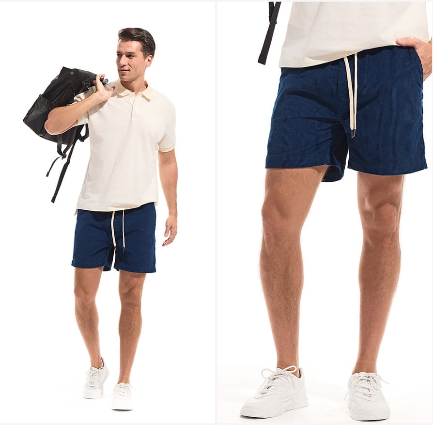 Men cotton corduroy shorts in navy blue with a white drawstring designed for casual summer wear.