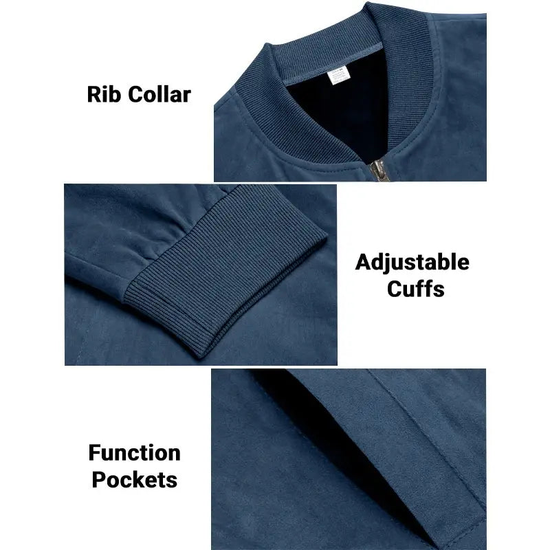 Men suede casual retro jacket in navy blue featuring a bomber style with ribbed collar and cuffs.