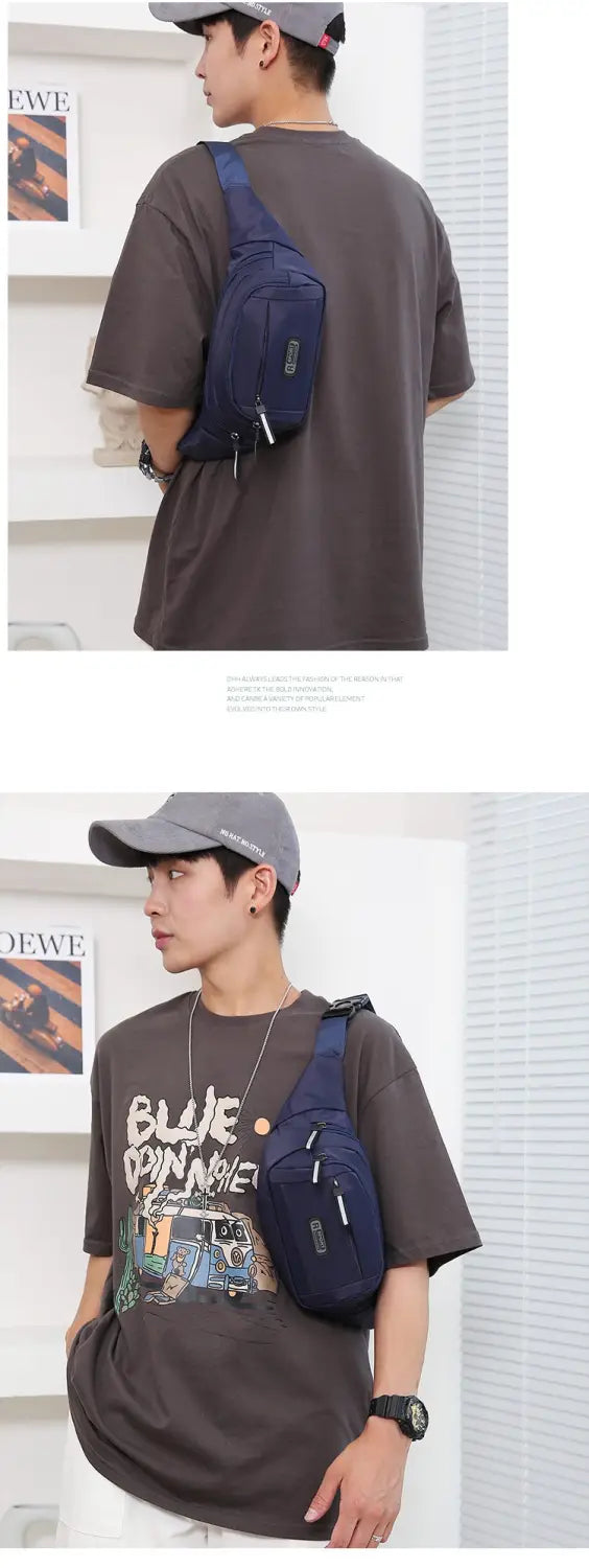 Navy blue waterproof nylon men’s multifunctional crossbody waist bag with multiple pockets and an adjustable strap shown from the back side.