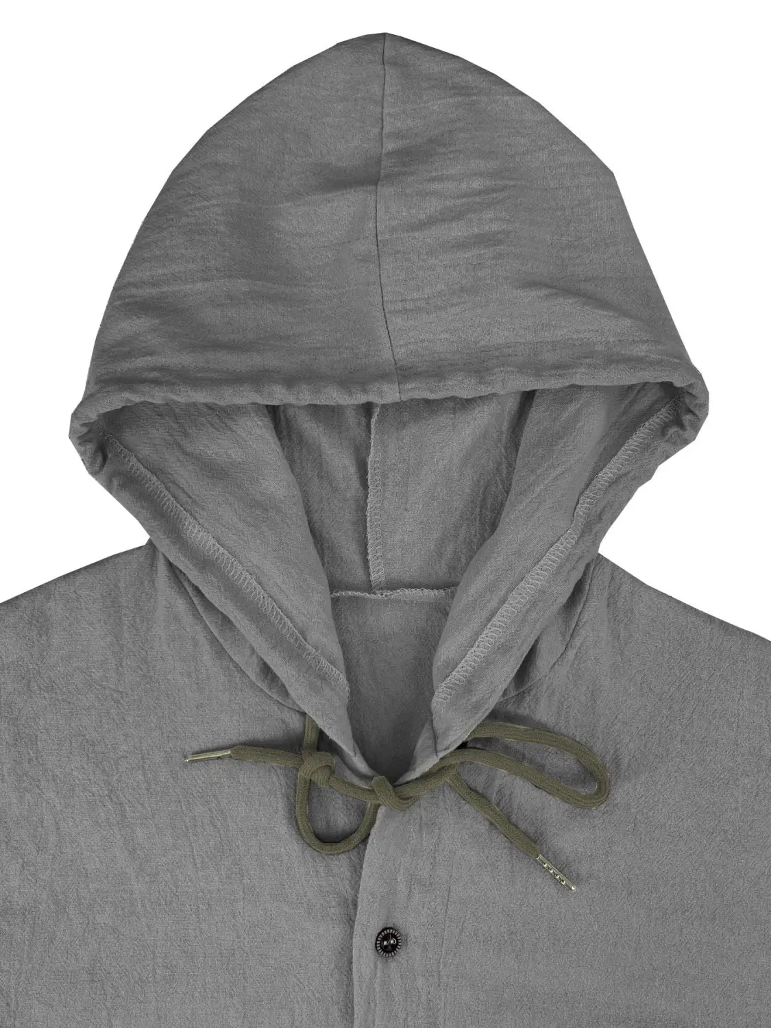 Camisa de cárdigan con capucha ligera para hombre en gris, con tejido texturizado y cordones en verde oliva.