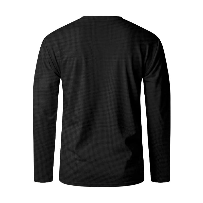 men’s long sleeve waffle knit thermal pullover in black with a subtle textured weave designed for warmth and comfort.
