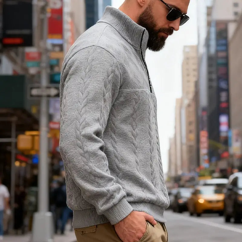 Veste de sweat-shirt en maille torsadée grise à demi-fermeture éclair pour homme, en mélange de laine douce, vue de face.