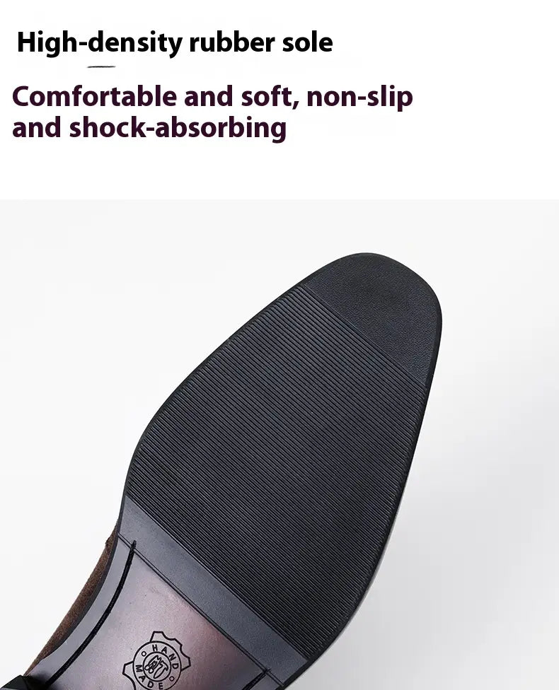 black high-density rubber sole with textured ribbed pattern for grip and comfort on men’s brown suede penny loafer casual leather shoes
