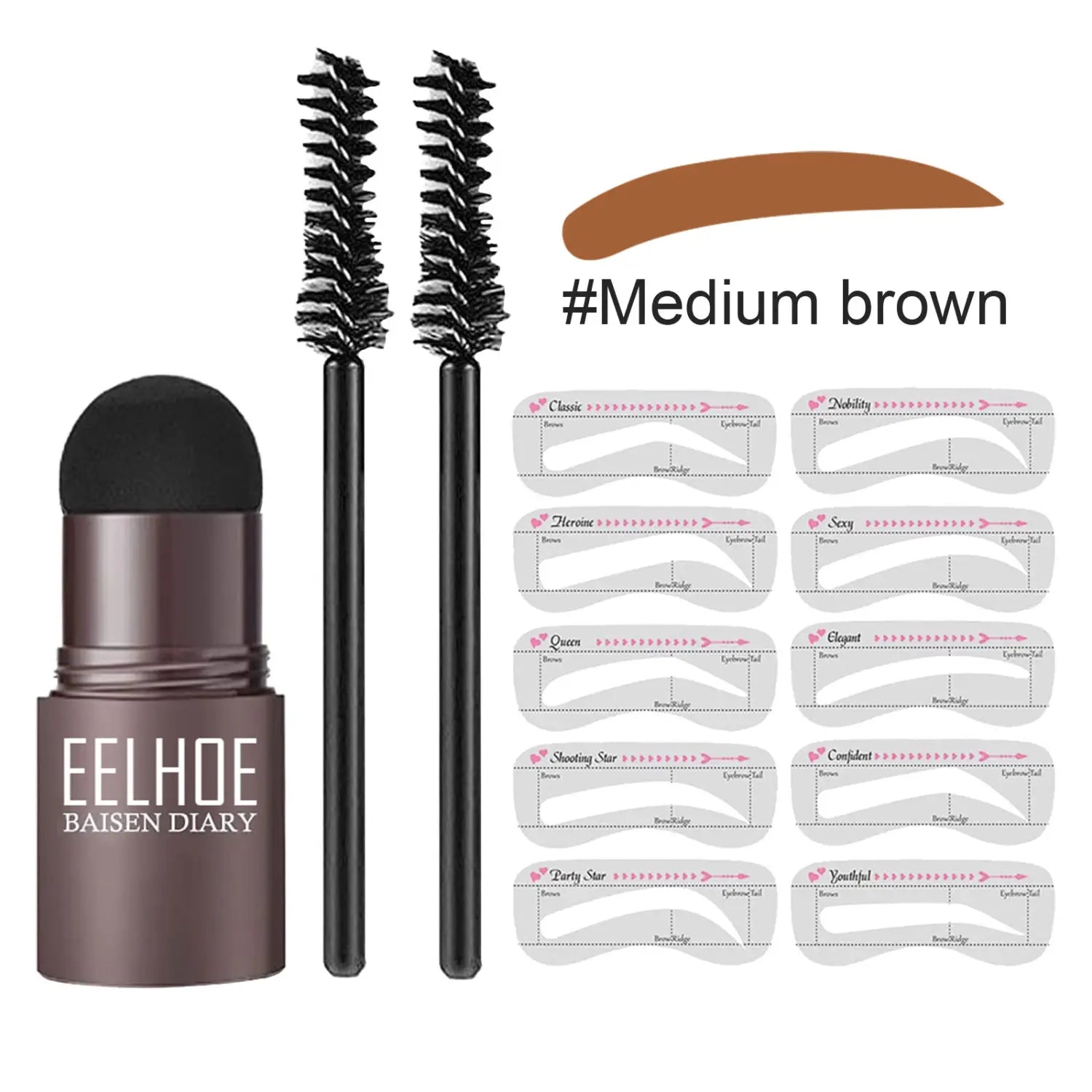 brown eelhoe baisen diary eyebrow pencil with black brush applicator and multiple pre-cut stencil templates in an eyebrow powder stencil kit with stamp and pencil.