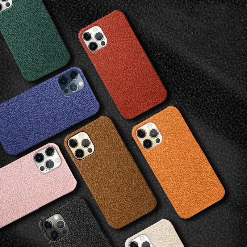 a collection of genuine leather anti drop iphone cases in various colors including green red blue pink brown orange black and white shown from the back side
