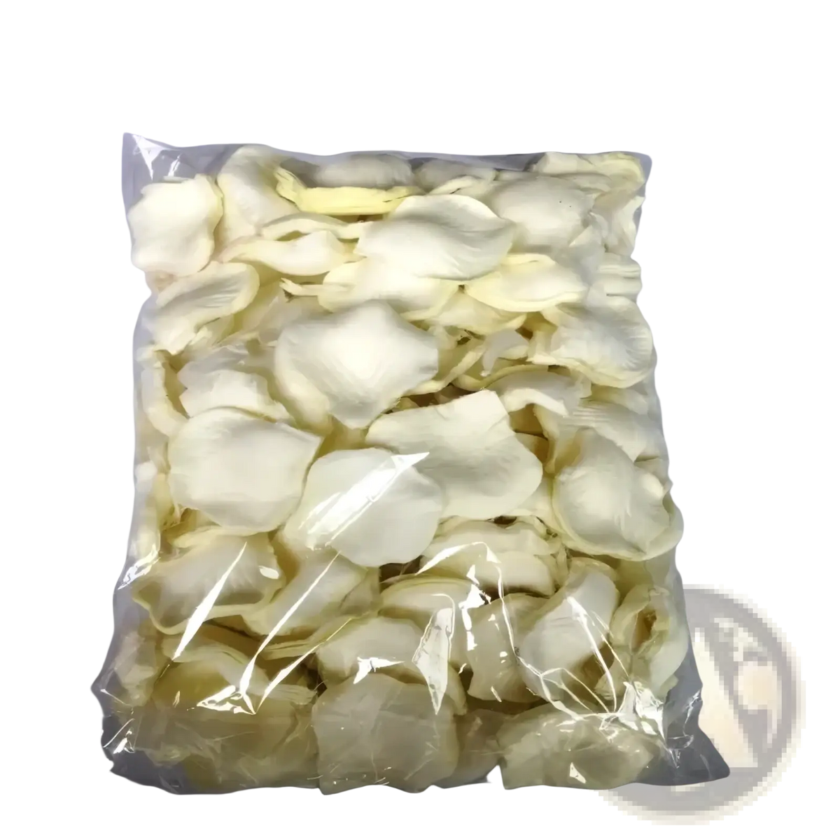 A clear plastic bag containing delicate pale cream artificial rose petals for colorful wedding decor