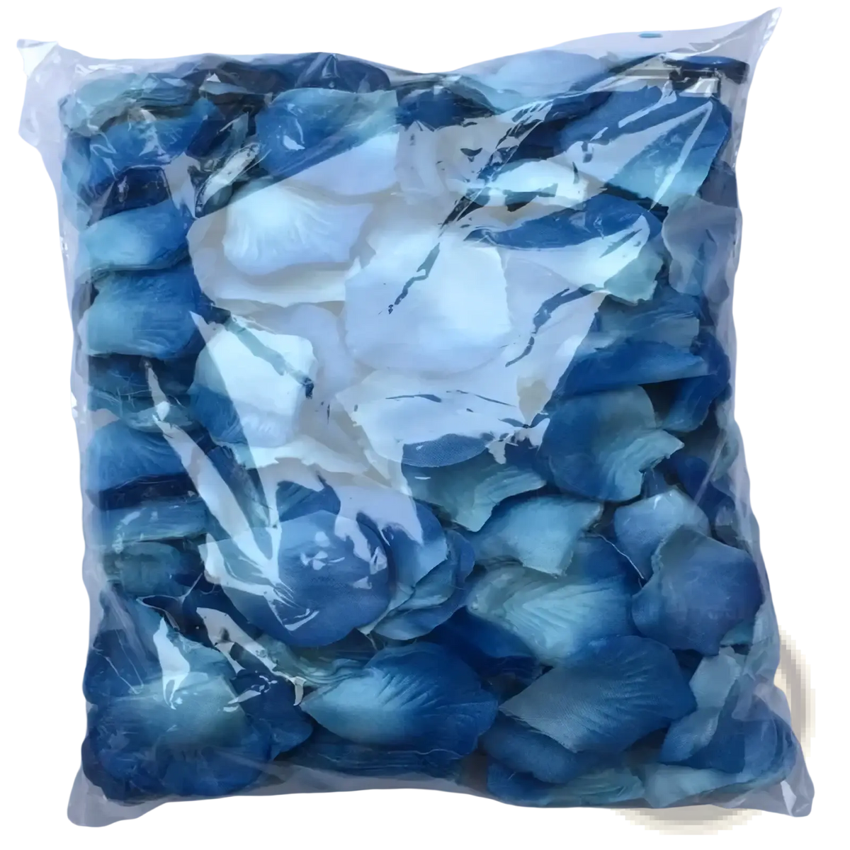 A clear plastic bag of 5500 colorful artificial rose petals in blue and white for wedding decor