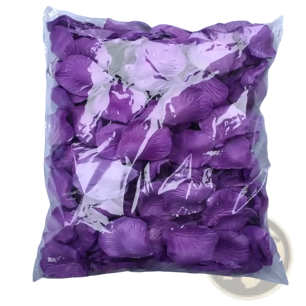 A clear plastic bag filled with artificial purple rose petals for wedding decor in the 5500 colorful rose petals set