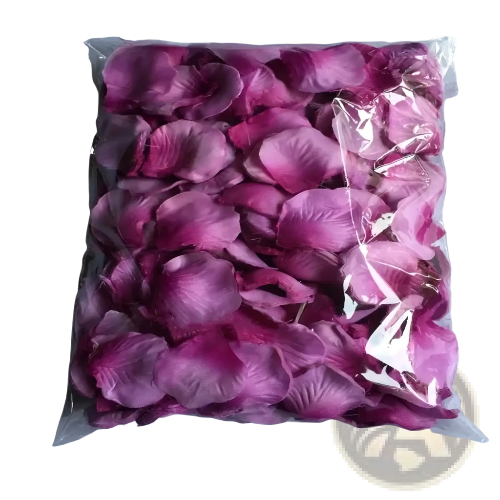 A bag of 5500 colorful artificial pink rose petals with a magenta to lavender gradient made of soft fabric for wedding decor