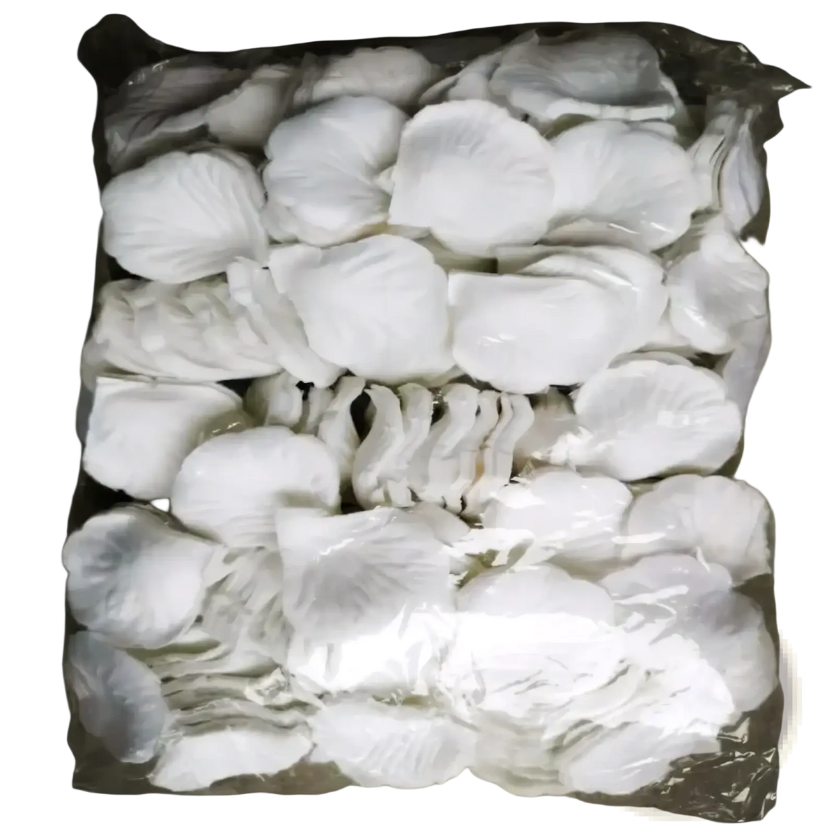 White delicate fabric rose petals packaged in a clear plastic bag for colorful wedding decor use