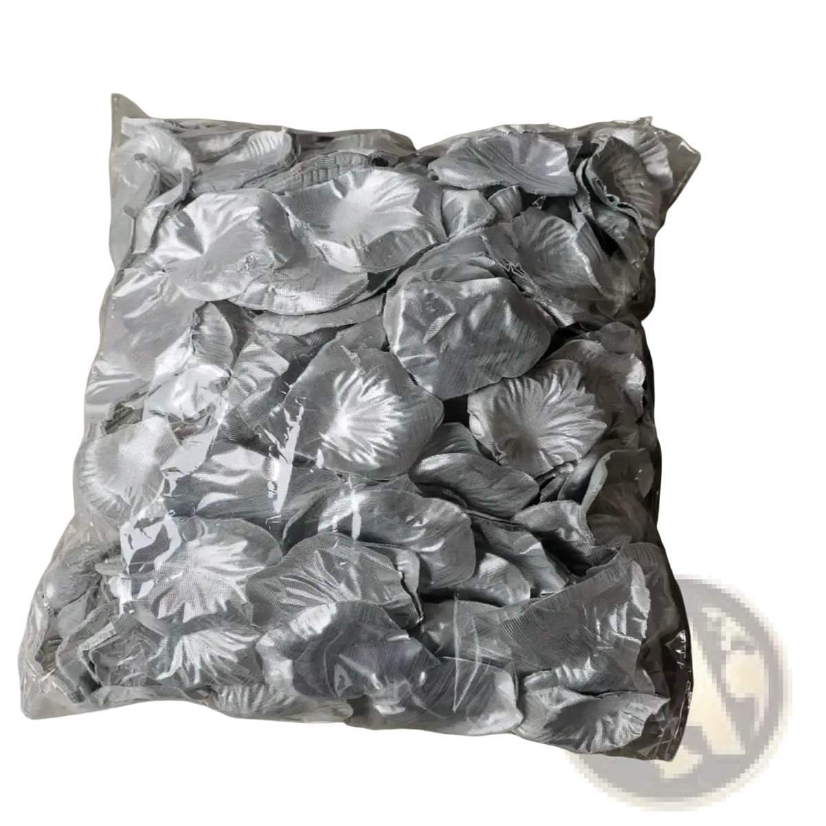 A bag filled with shiny silver satin rose petals from 5500 colorful rose petals wedding decor collection