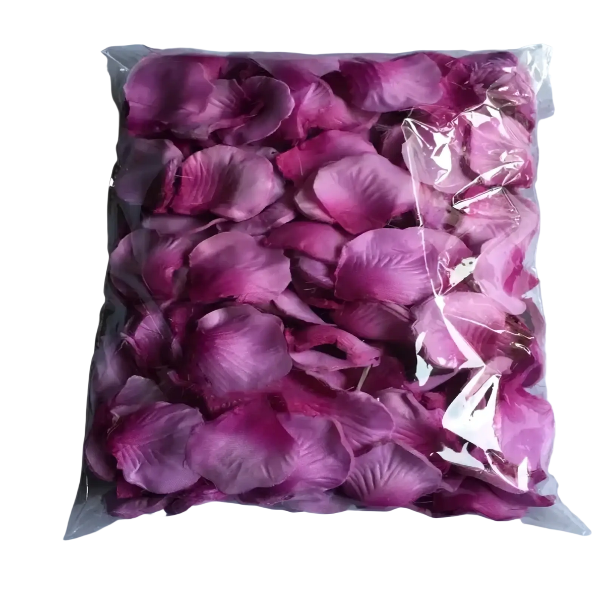 A bag of 5500 colorful artificial pink rose petals with a magenta to lavender gradient made of soft fabric for wedding decor