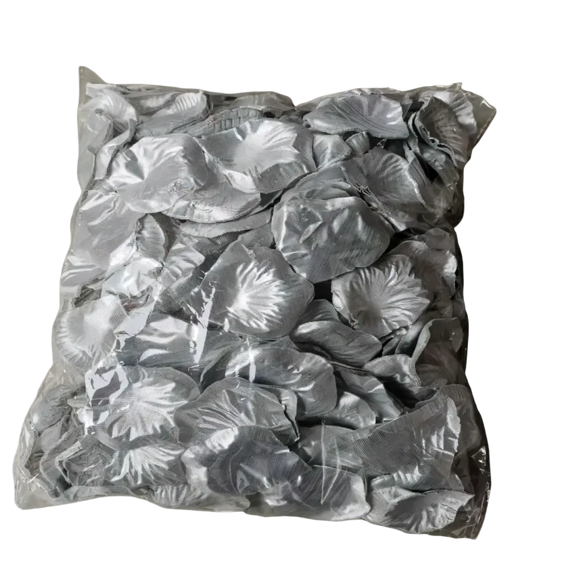 A bag filled with shiny silver satin rose petals from 5500 colorful rose petals wedding decor collection